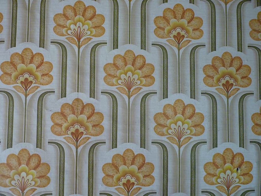 beige, green, and orange floral surface, Wallpaper, Old, Sixties HD wallpaper