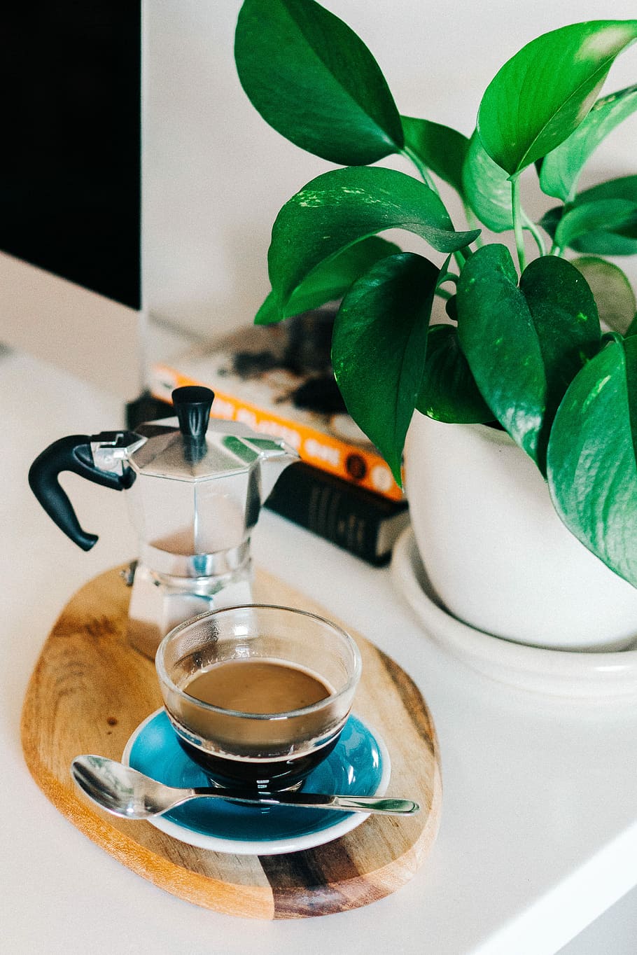 teacup filled with coffee beside moka pot, gray steel coffee press, HD wallpaper