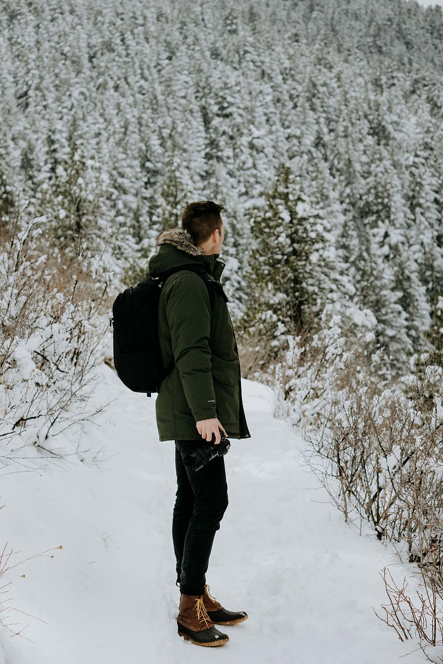 man standing on snow looking on trees during daytime, photo of man standing and holding DSLR camera HD wallpaper