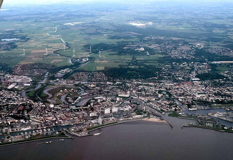 fly, aviation, aerial view, bremen, bremerhaven, landscape