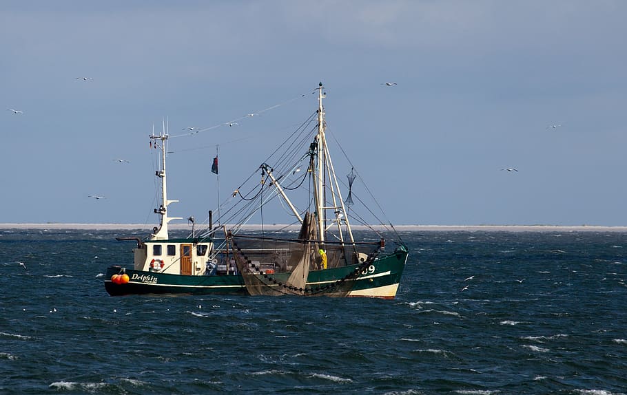 sea, waters, ship, boot, coast, port, sky, sail, fishing, north sea HD wallpaper