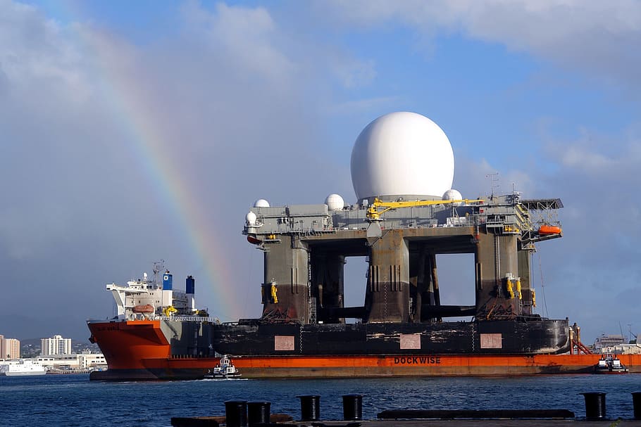 oil rig platform on boat, rainbow, sky, clouds, pearl harbor HD wallpaper