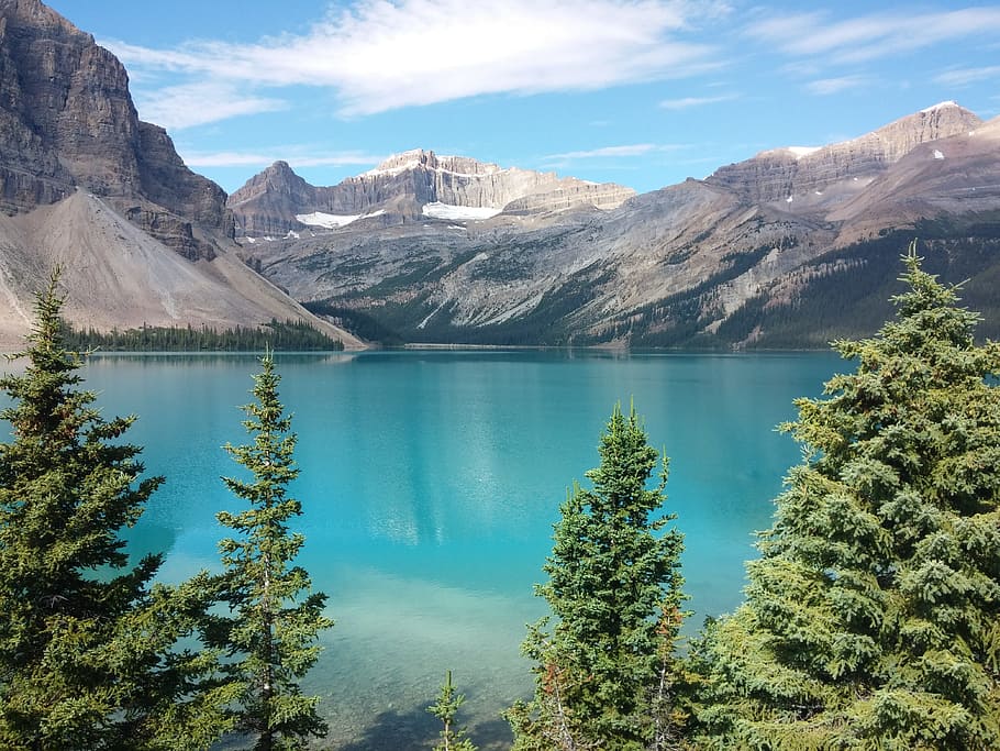 gray rocky mountain near body of water and pine trees during daytime HD wallpaper