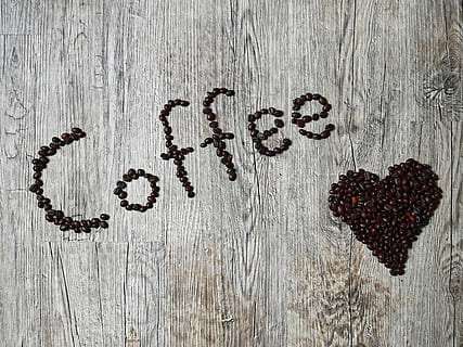 Coffee beans, brown, heart, letters, roasted, wood, backgrounds HD wallpaper