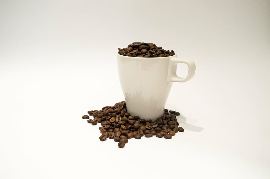 white mug filled with coffee beans, cup, brown, cafe, caffeine HD wallpaper