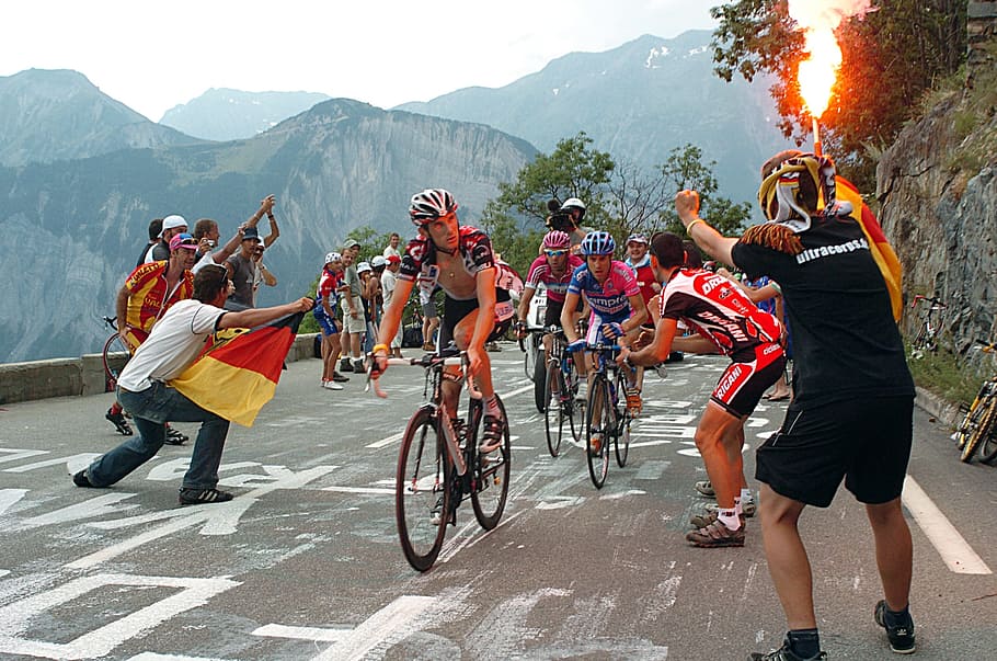 men on bicycle race, tour de france, after l 'alpe d' huez climb