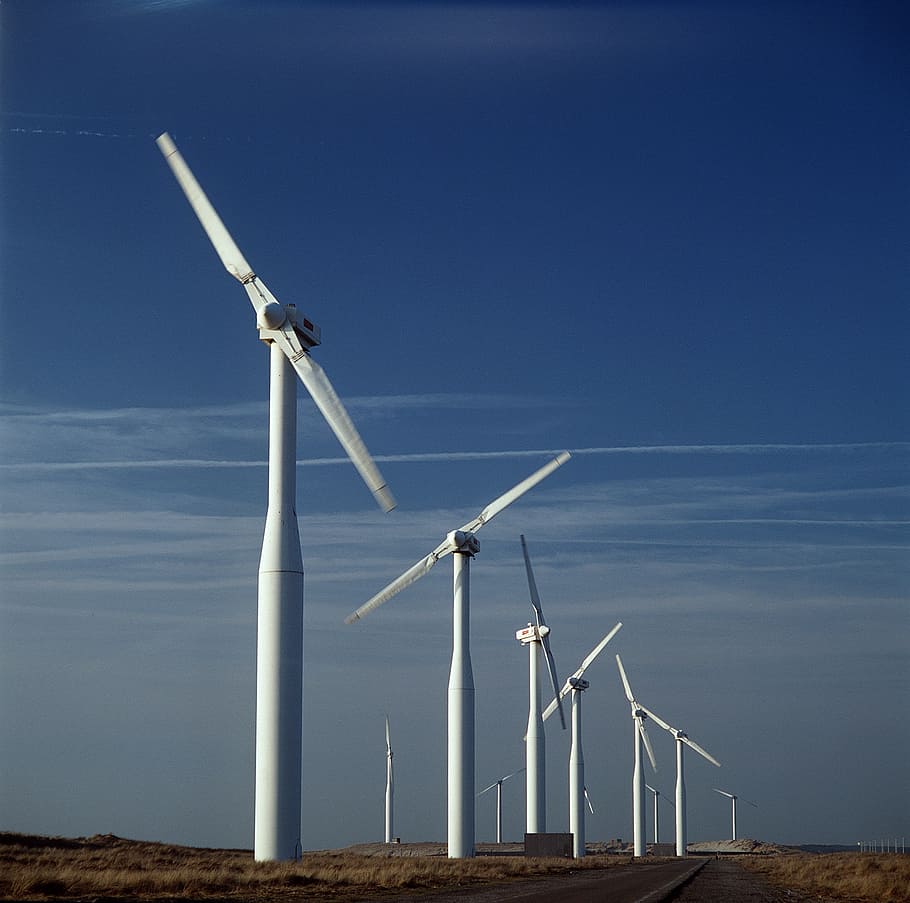windmills, farm, technology, energy, field, power, turbine HD wallpaper