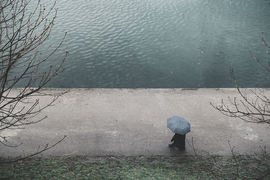 person with umbrella walking on road near body of water during daytime, person under umbrella walking alone on sidewalk near body of water HD wallpaper