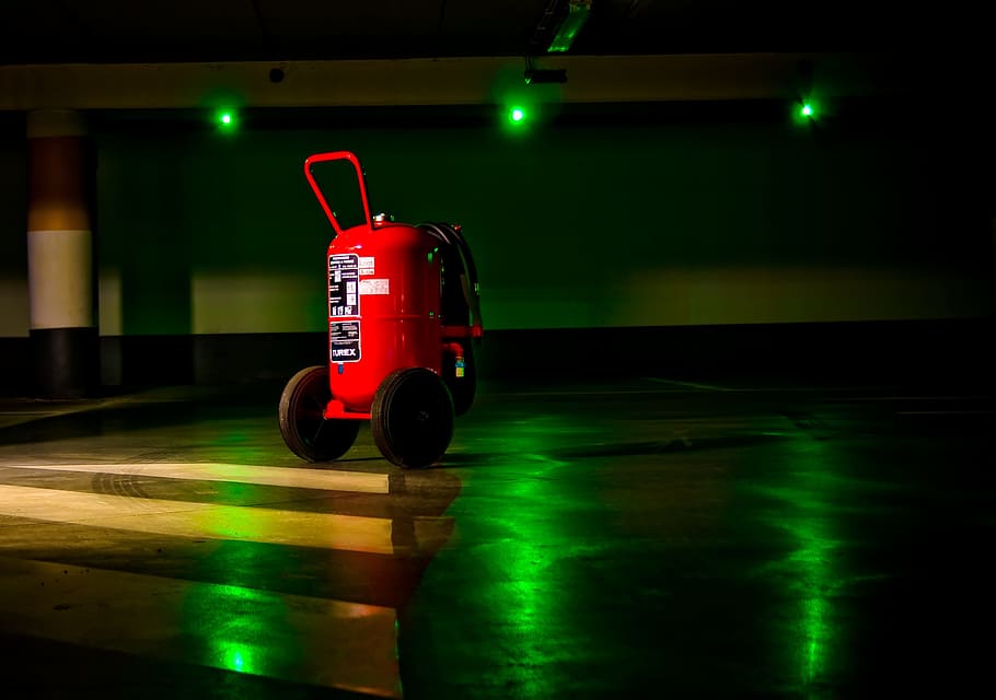 red air compressor in parking lot, Graphics, Fire Extinguisher HD wallpaper