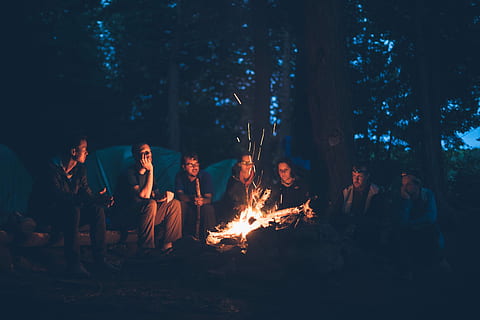 seven men sitting in front of bonfire during nighttime, outdoors HD wallpaper