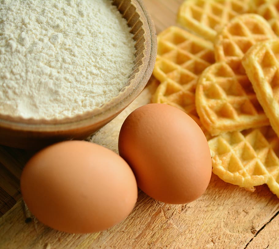 two eggs, white powder on brown bowl, and waffle, waffles, waffles bake HD wallpaper