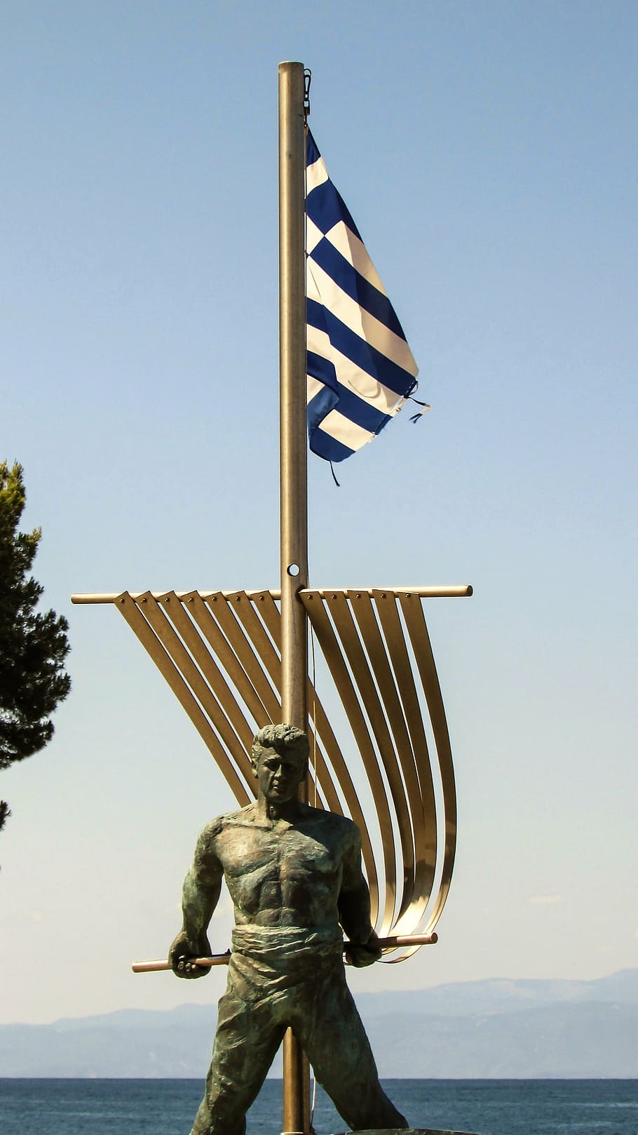 sailor, monument, sculpture, skiathos, greece, sky, water, clear sky HD wallpaper