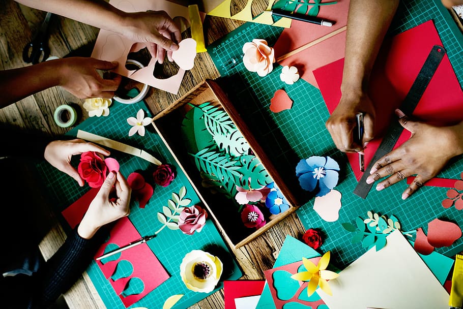 people doing paper art, lifestyle, working, arts, crafts, handicrafts