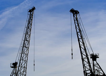 crane, derrick, two, industry, industrial, harbour, harbor HD wallpaper
