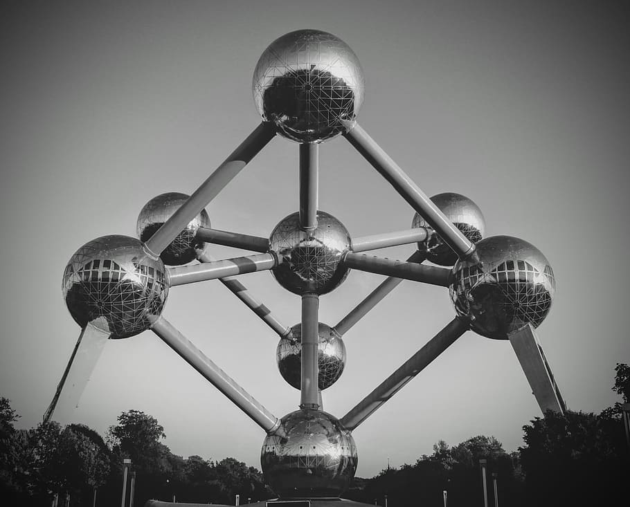 silver building, atomium, brussels, belgium, monument, low angle view, HD wallpaper