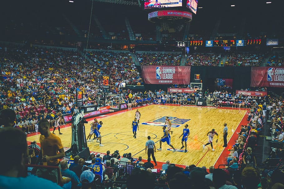basketball court, men playing basketball wearing blue and white jerseys, HD wallpaper