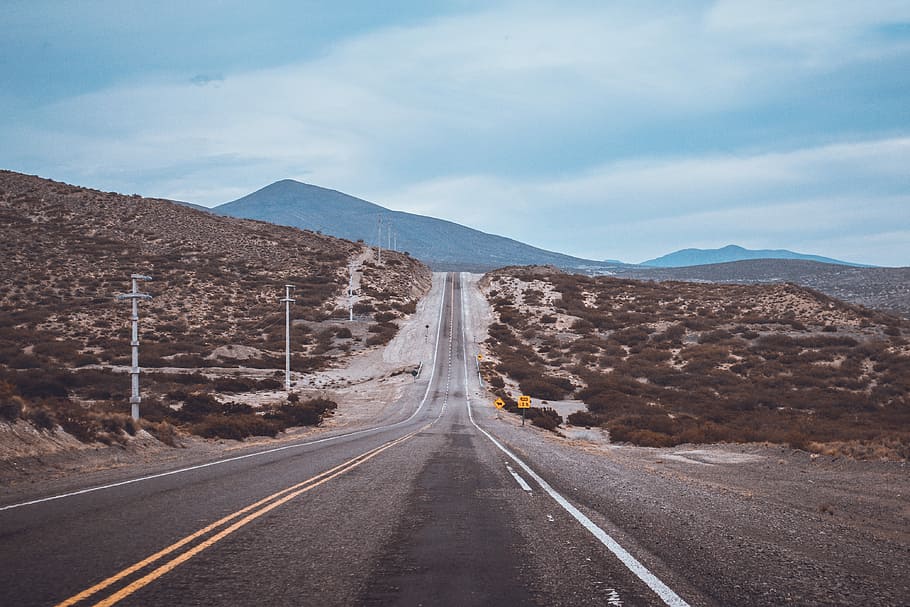 empty road, black asphalt road between grassfield, track, highway HD wallpaper