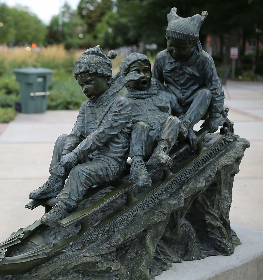 statue, outside, children, sled, outdoors, bronze, sculpture HD wallpaper