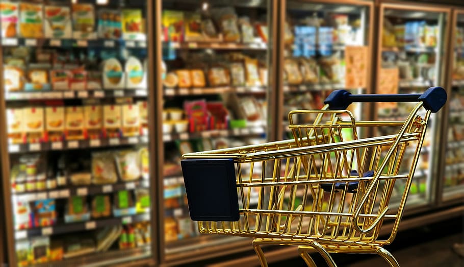 shopping cart near refrigerator, business, retail, transport