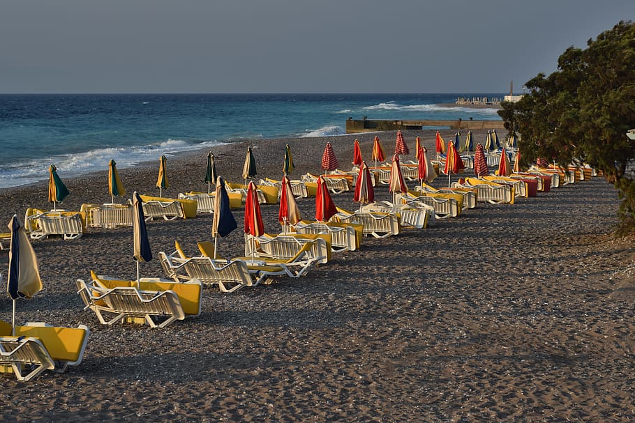 White Wooden Beach Patio Set at Daytime, chairs, cloudy, coast HD wallpaper