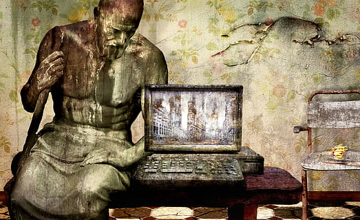 black laptop illustration, fantasy, computer, statue, space HD wallpaper