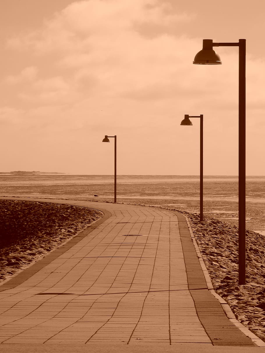 Juist, Away, Dike, Coast, Lantern, harmony, relaxation, sepia HD wallpaper
