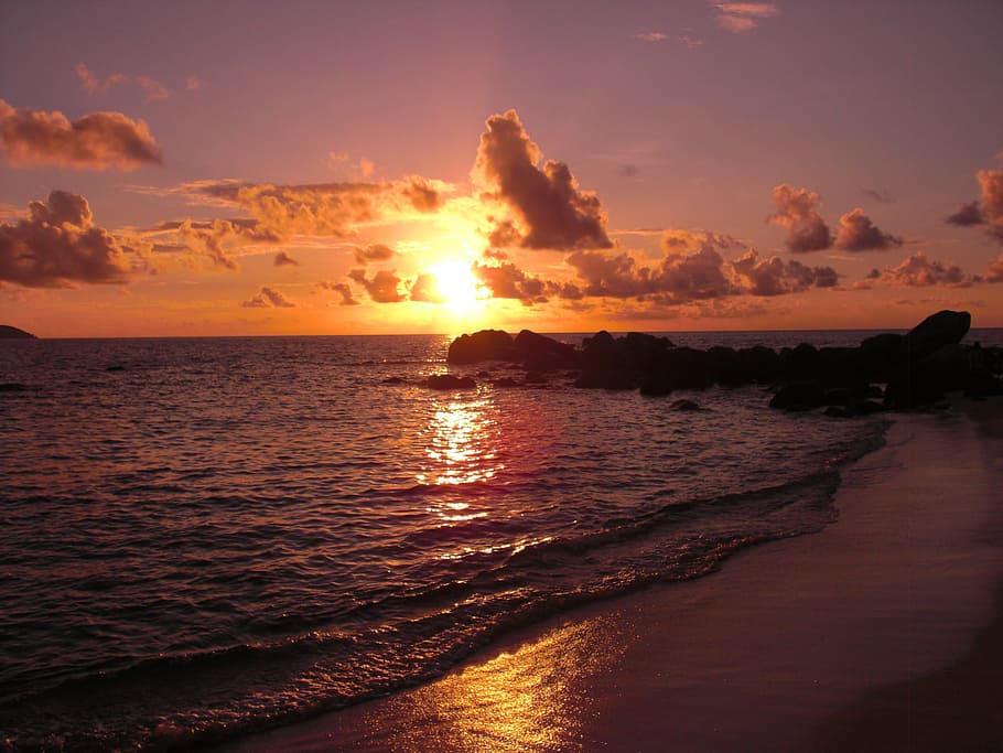 Sunset, Beach, Evening, Sea, nature, dusk, water, wave, sky HD wallpaper