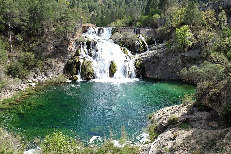waterfalls between forest, lake, pool, river, landscape, nature HD wallpaper
