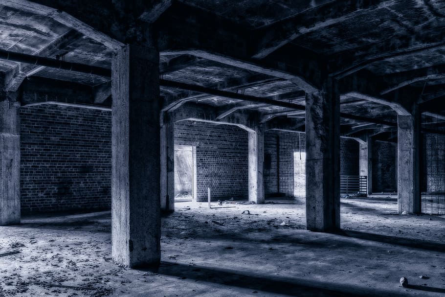 grayscale architectural photography, keller, underground, lost places