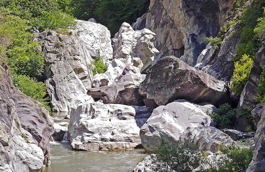 gorge, rock, riverbed, la roya, mountain river, polished, water power