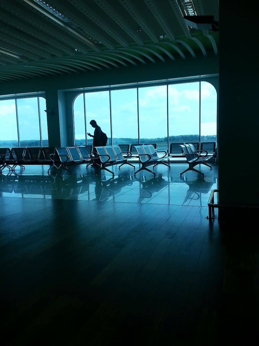 airport, man, person, terminal, waiting, indoors, people, window, HD wallpaper