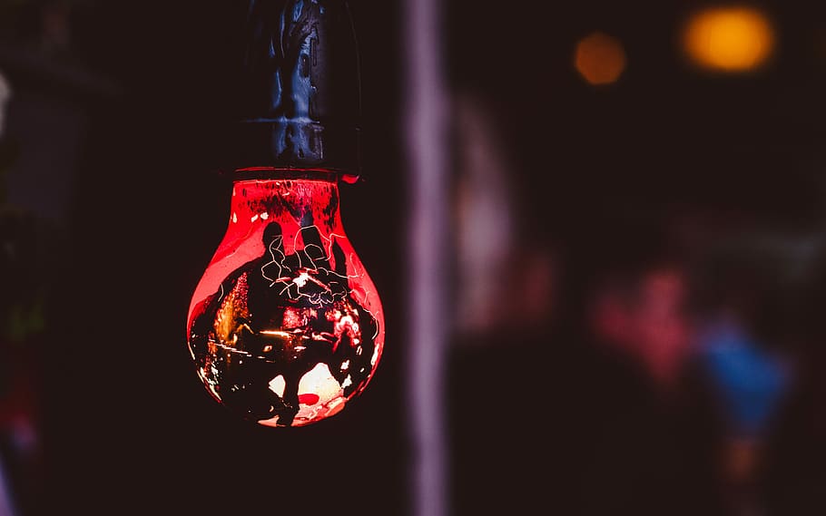 hanged red and black light bulb, close up photography of red bulb HD wallpaper