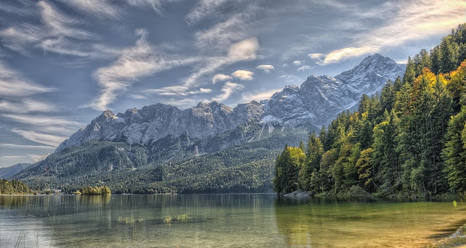 alps, brine, eibsee, mountain, water, beauty in nature, tree HD wallpaper