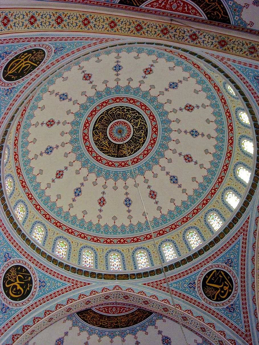 mosque, dome, architecture, islam, pattern, ceiling, indoors HD wallpaper