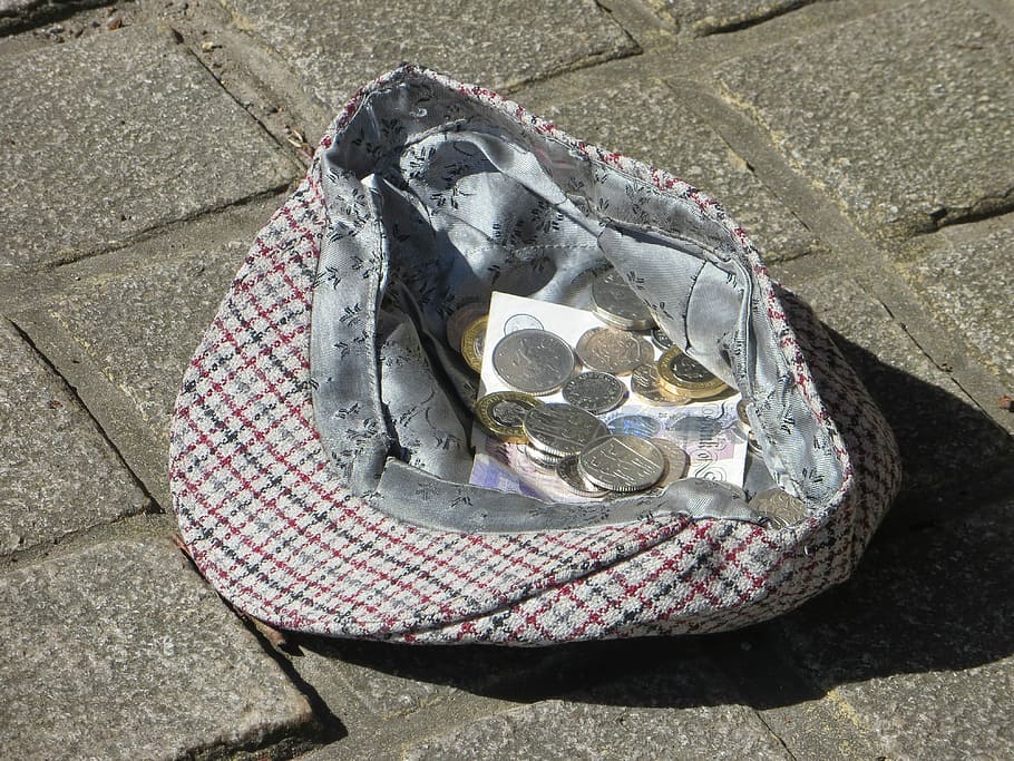 busker, hat, money, collection, donation, high angle view, day, HD wallpaper