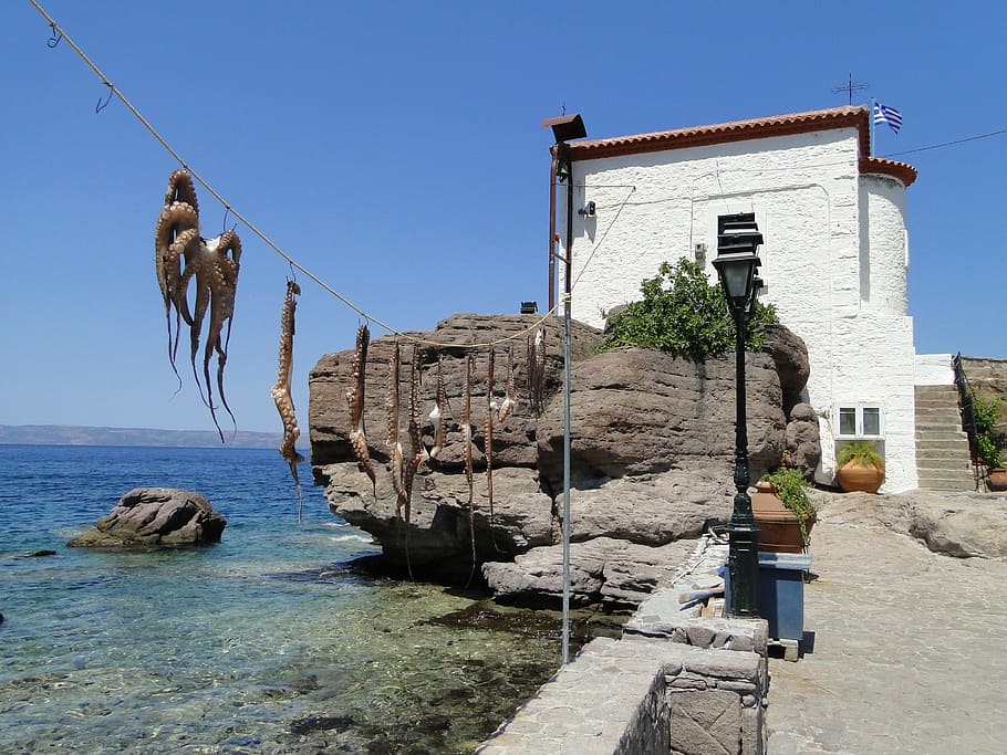 lesvos, octopus, church, sea, water, architecture, sky, built structure, HD wallpaper