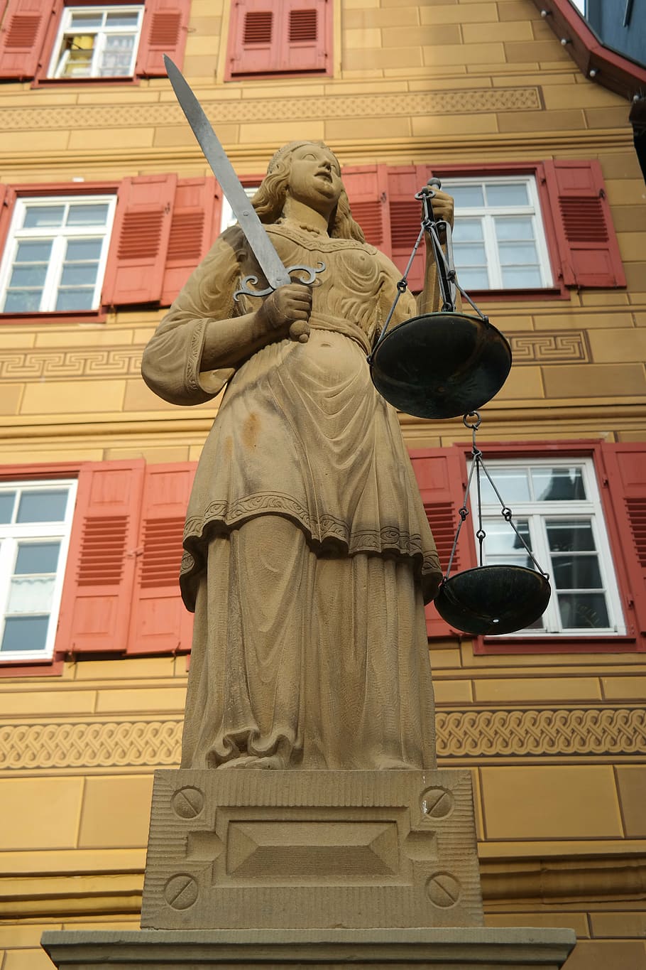 justizia, figure, woman, horizontal, sword, justice, waiblingen, HD wallpaper