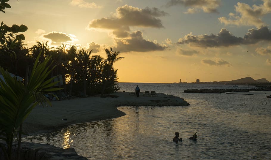 sunset, caribbean, palm trees, clouds, colourful, evening, sea HD wallpaper