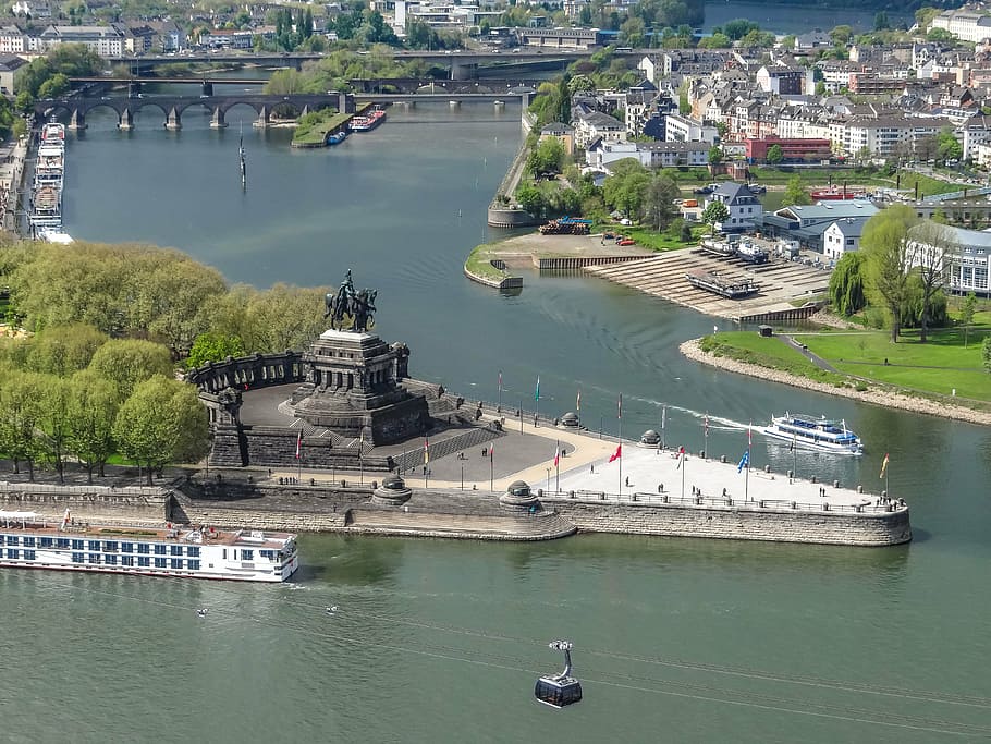 black statue surrounded by trees and river, german corner, koblenz, HD wallpaper