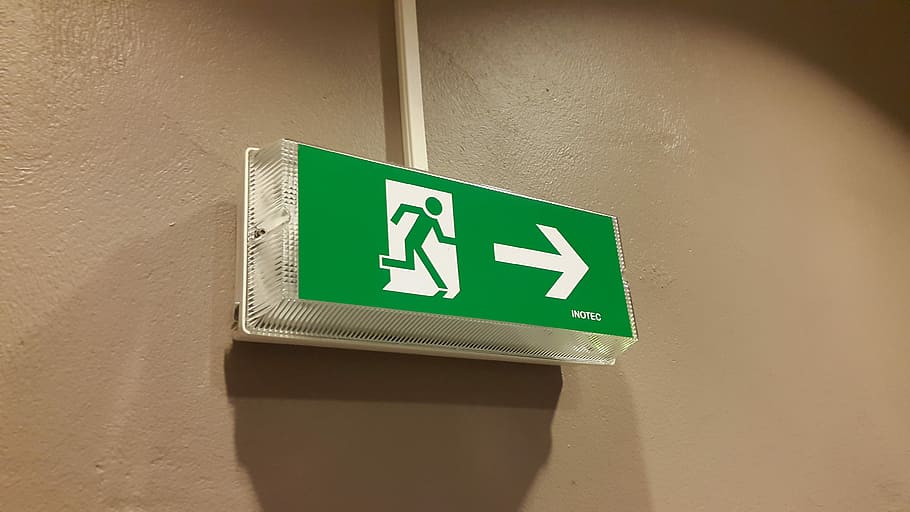 green and white signage on wall, Emergency Exit, Escape, Rescue HD wallpaper