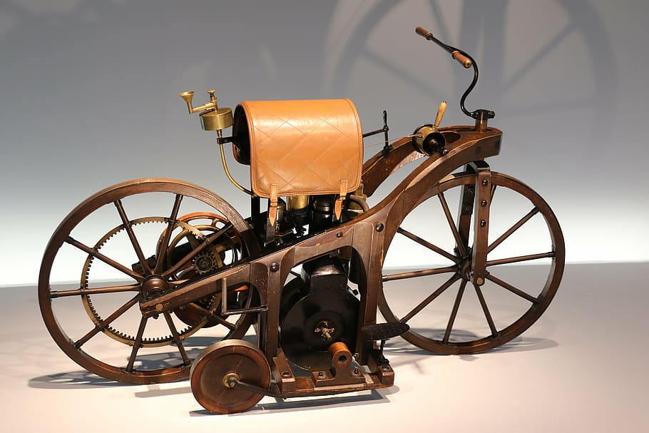 brown motorized bicycle decor, mercedes-benz museum, stuttgart