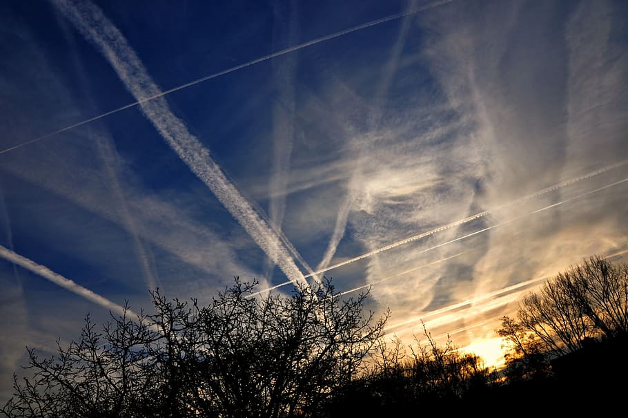 sunset, heaven, contrails, blue, evening, cloud, sunset background HD wallpaper