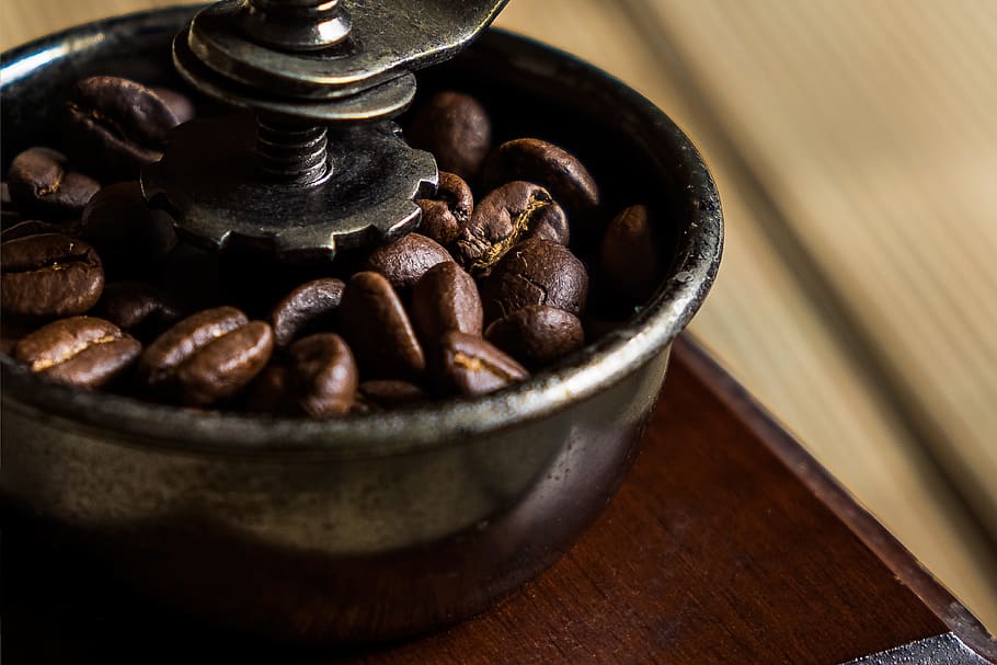 selective focus photography of vintage coffee grinder with coffee beans HD wallpaper