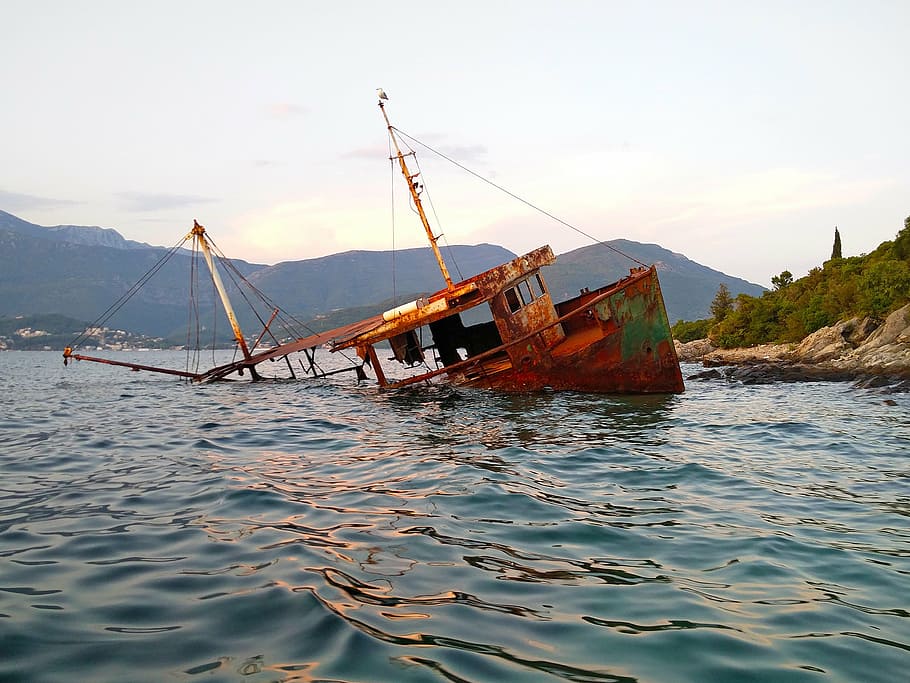 boat wreck, rust, boka, adriatic, herceg novi, montenegro, nautical vessel