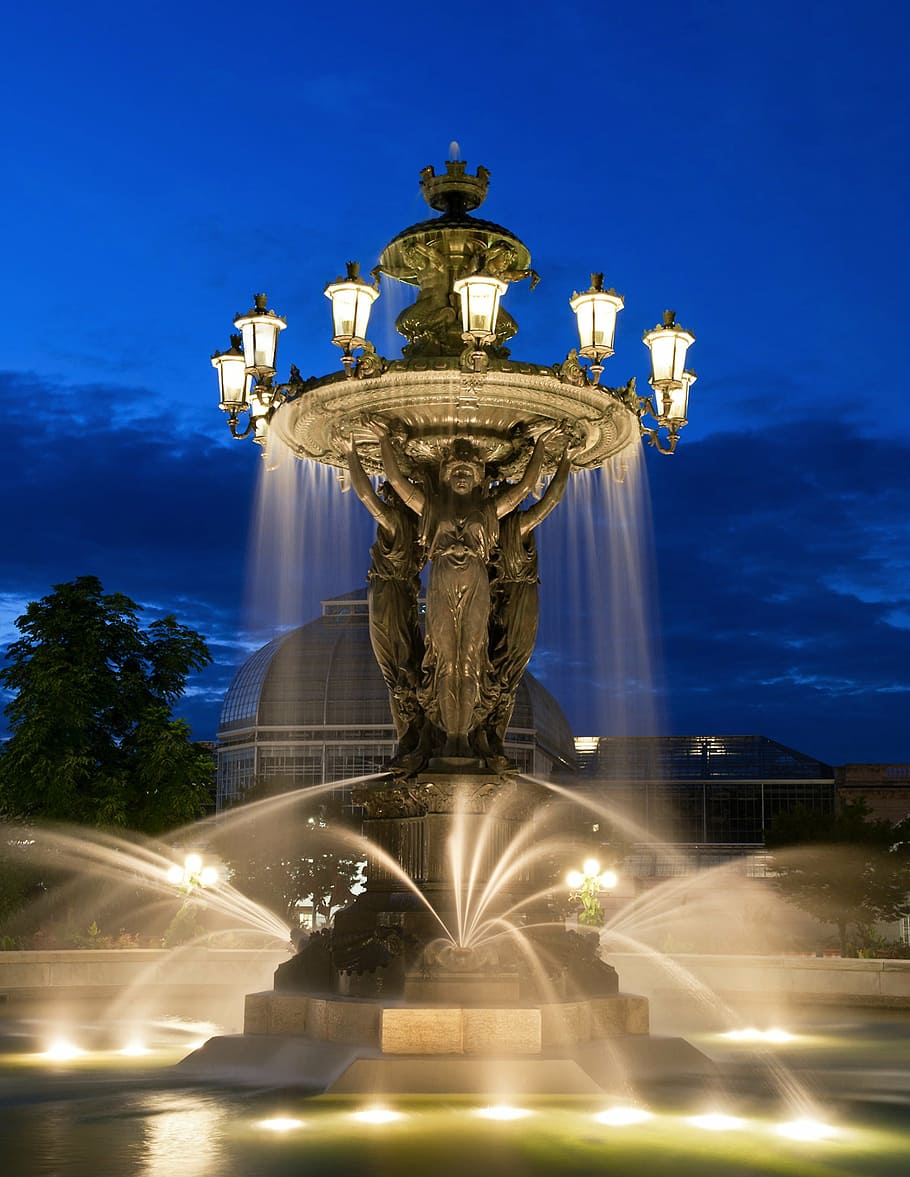 water fountain with lights on, night, evening, outside, washington dc