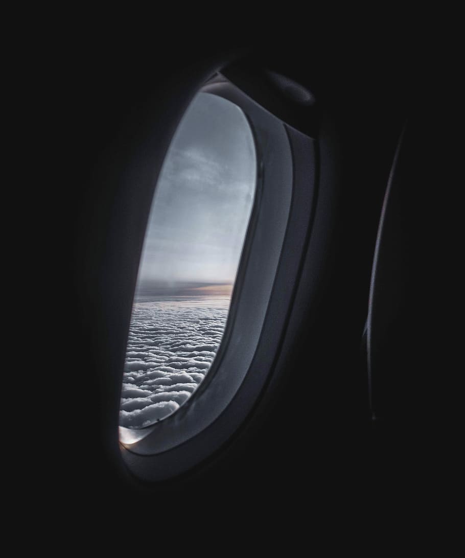 airplane window, aerial photo of sea clouds, sky, flying, aviation HD wallpaper