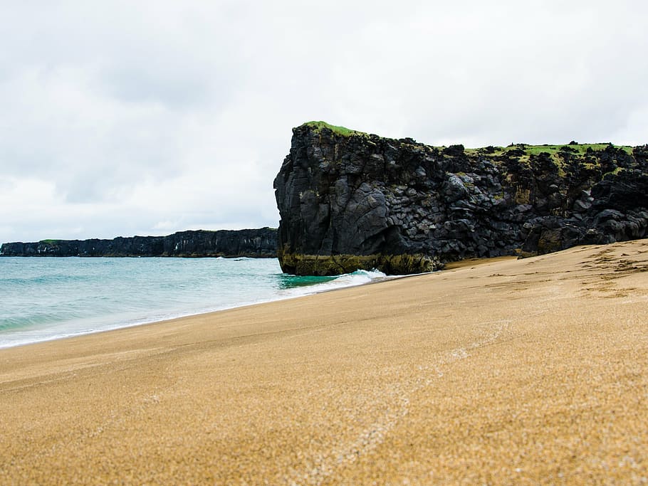 beach, cliff, shore, iceland, sea, nature, coast, ocean, landscape HD wallpaper