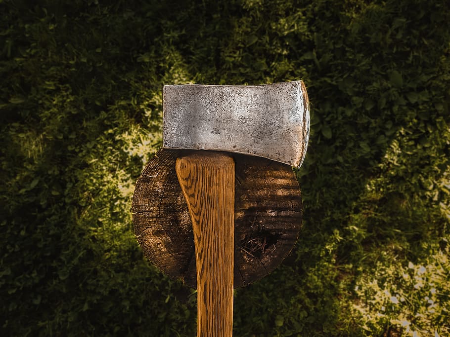 wood, landscape, nature, dark, axe, close-up, grass, handle, iron HD wallpaper
