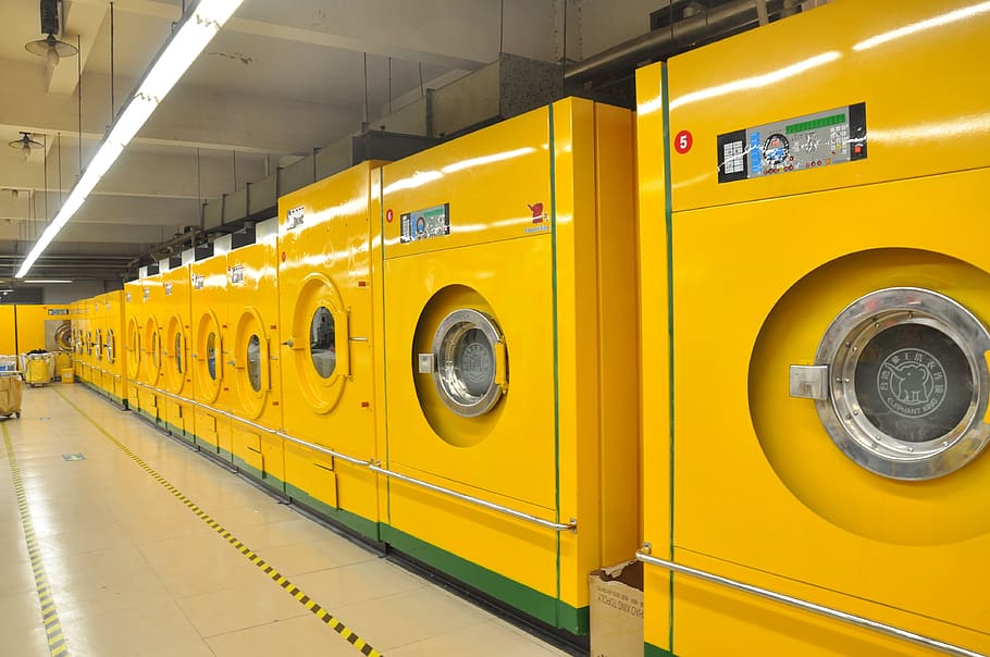 yellow front-load washers, shop, laundry, washing machine, big, HD wallpaper