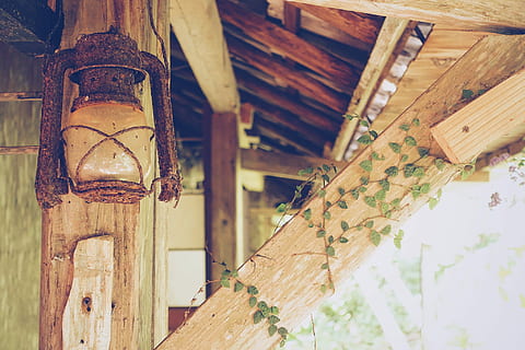 brown kerosene lamp hanging on wooden post, wood - Material, old HD wallpaper